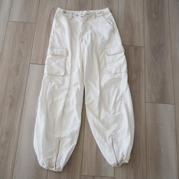 Skater Aesthetic White Cargo Pants With Brown Embordary And Zippers Sz Small - Picture 3 of 16